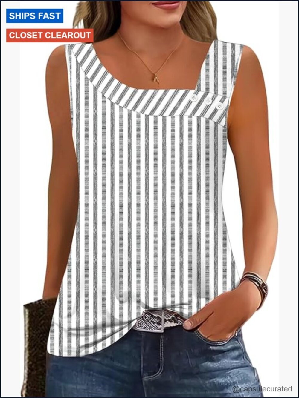 Square Neck Sleeveless Tank Top with Buttons - Soft & Breathable